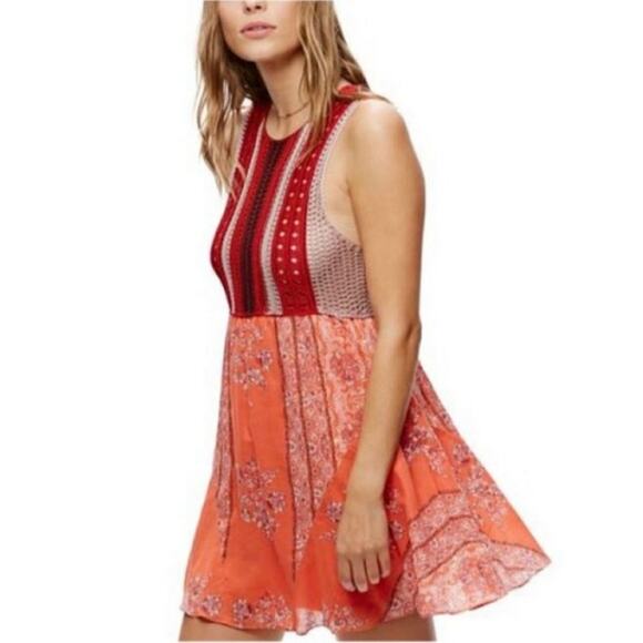 Free People Katie Crochet Mini Dress Red Pink Knit Orange Bandana Skirt Boho XS - Picture 5 of 16